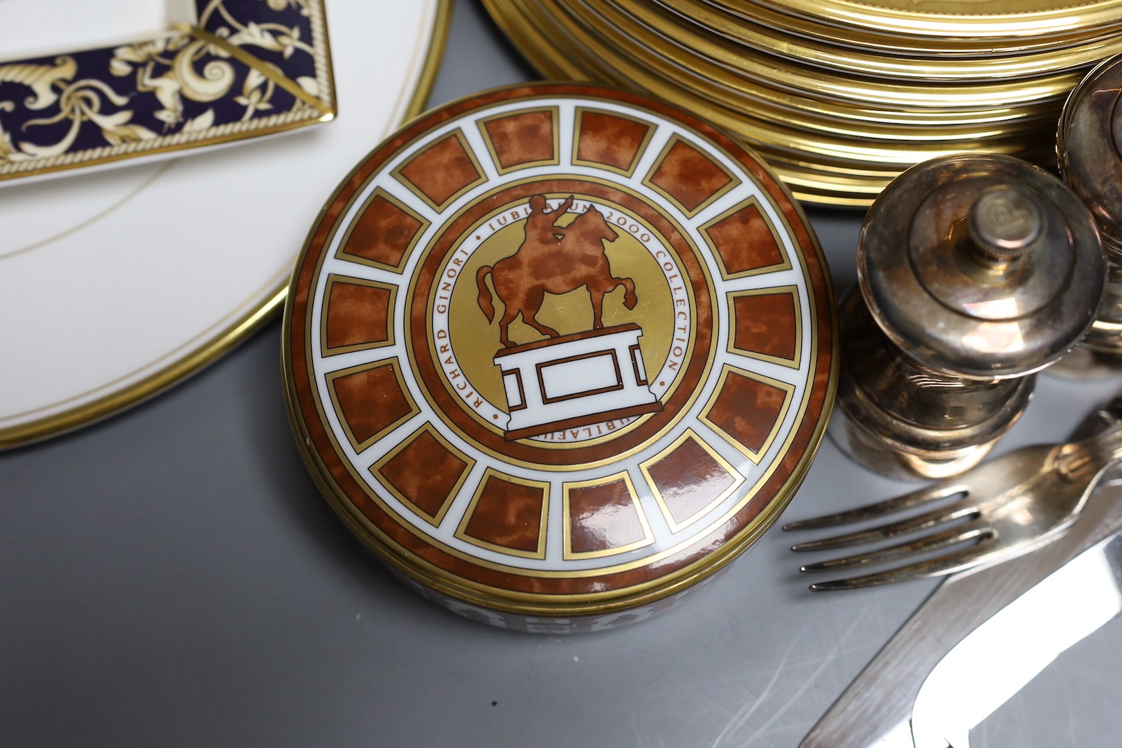 Three Ginori ceramics, cheese knives, various ceramics and plated wares including a pair of salt and pepper grinders with Peugeot mechanisms